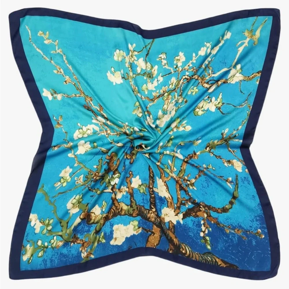 Silk like Blue White Flowers Print Head Scarf 35